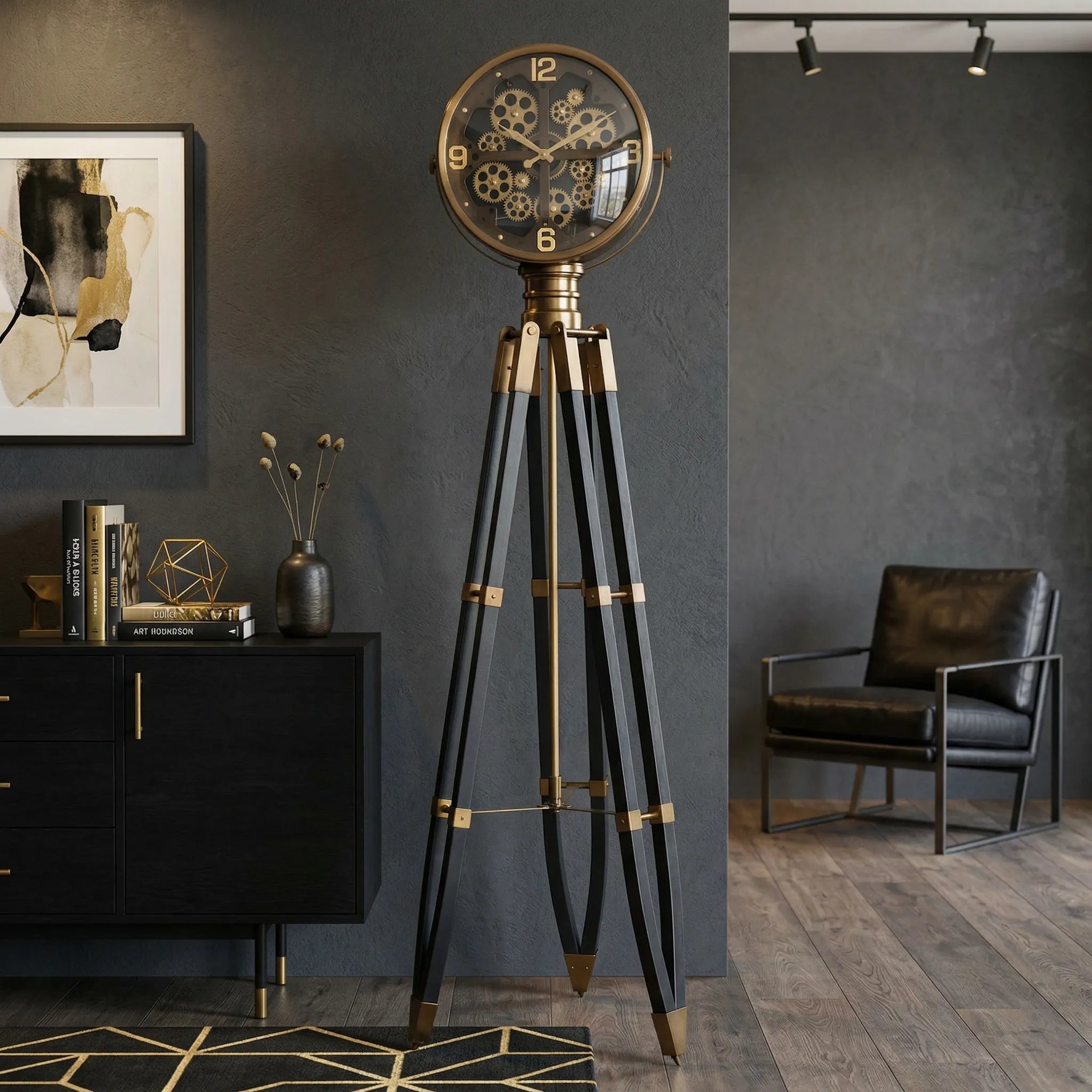 Brass Spotlight Tripod Floor Clock