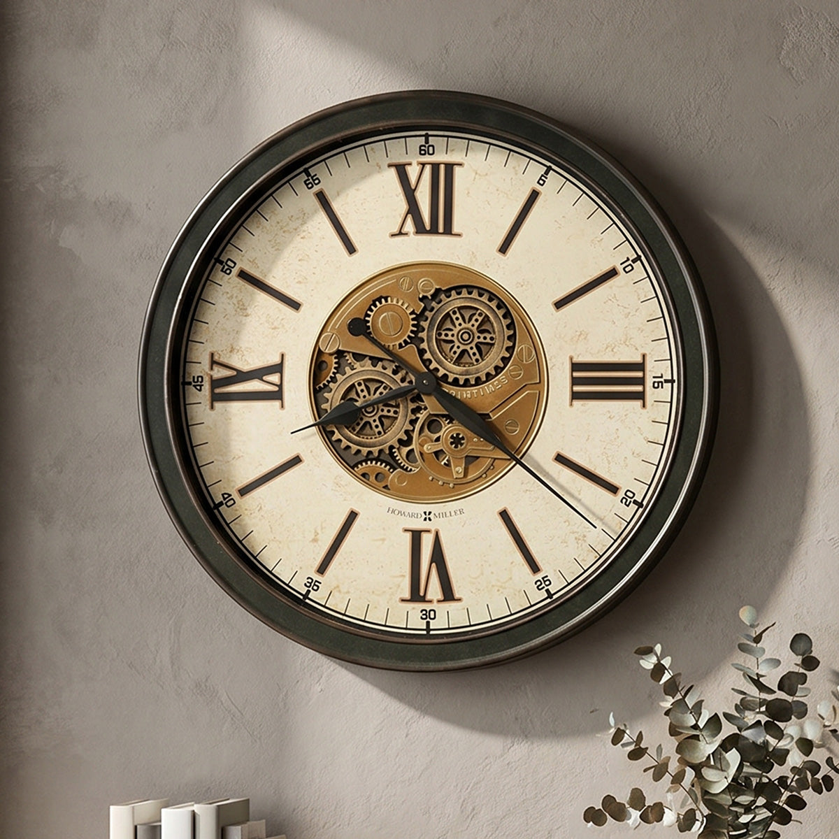 Aged Black Moving-Gear Wall Clock