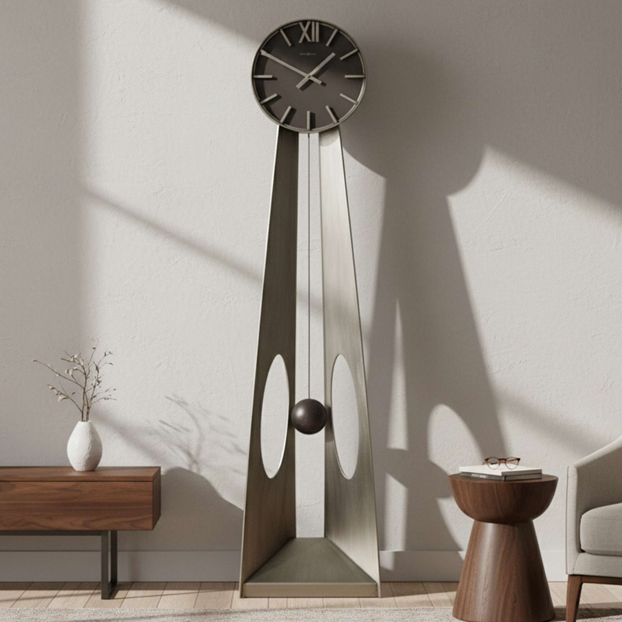 Sculptural Silver Pendulum Floor Clock
