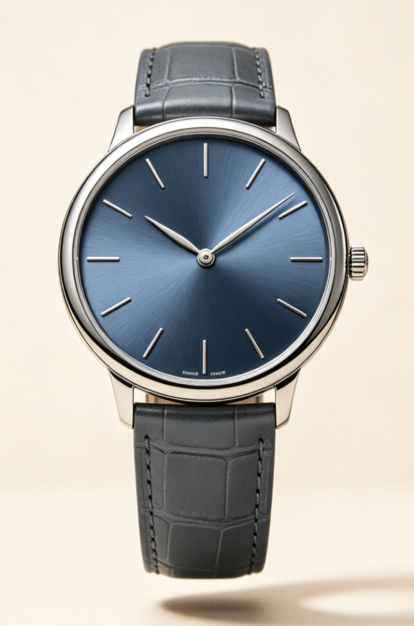 Unisex Minimal Luxury Watch, Blue Dial Leather Strap Stainless Steel Wristwatch