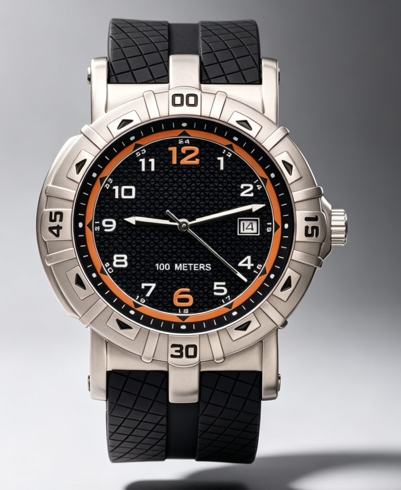 Waterproof Sports Analog Watch, Black‑Orange Dial Rubber Strap Wristwatch